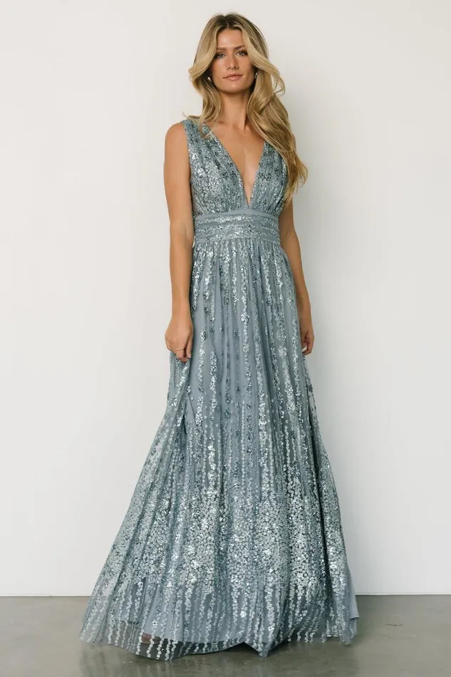 Women Yvette Sequin Gown Slate Blue Baltic Born Embellished and Sequined