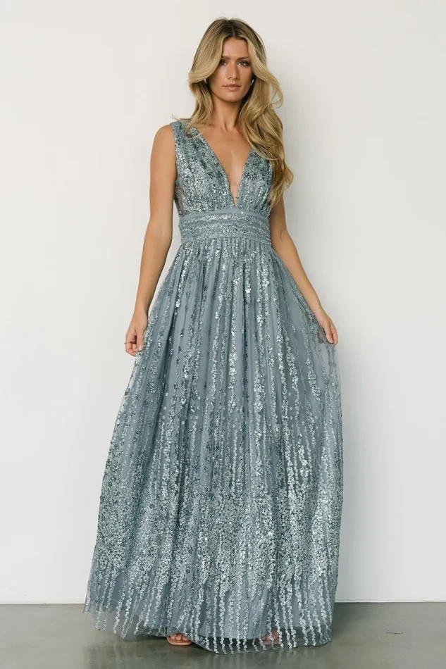 Women Yvette Sequin Gown Slate Blue Baltic Born Embellished and Sequined