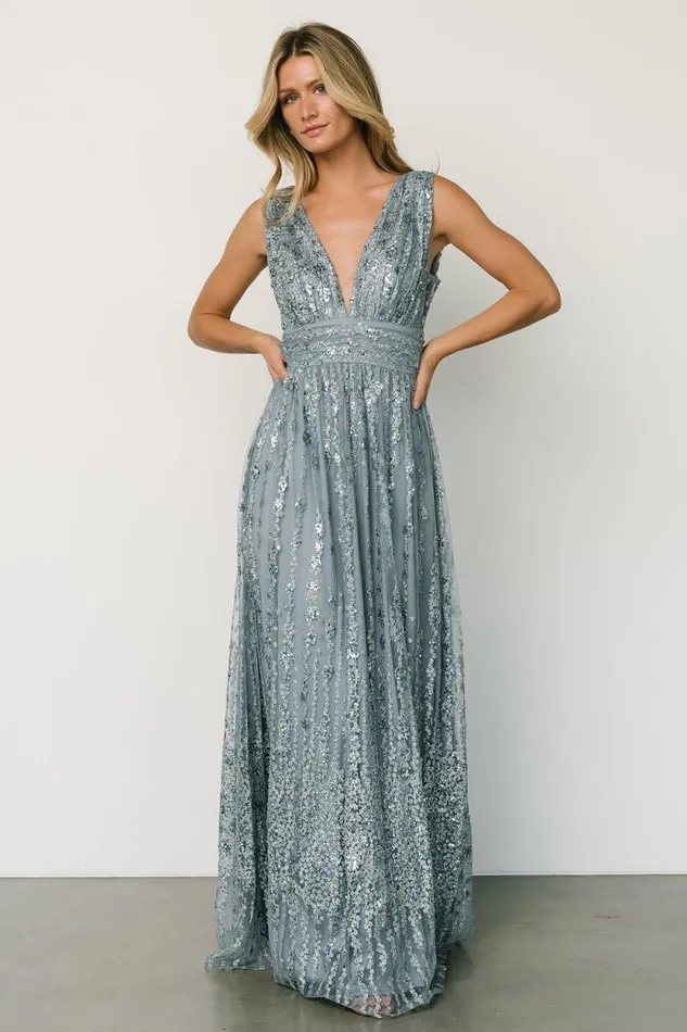 Women Yvette Sequin Gown Slate Blue Baltic Born Embellished and Sequined