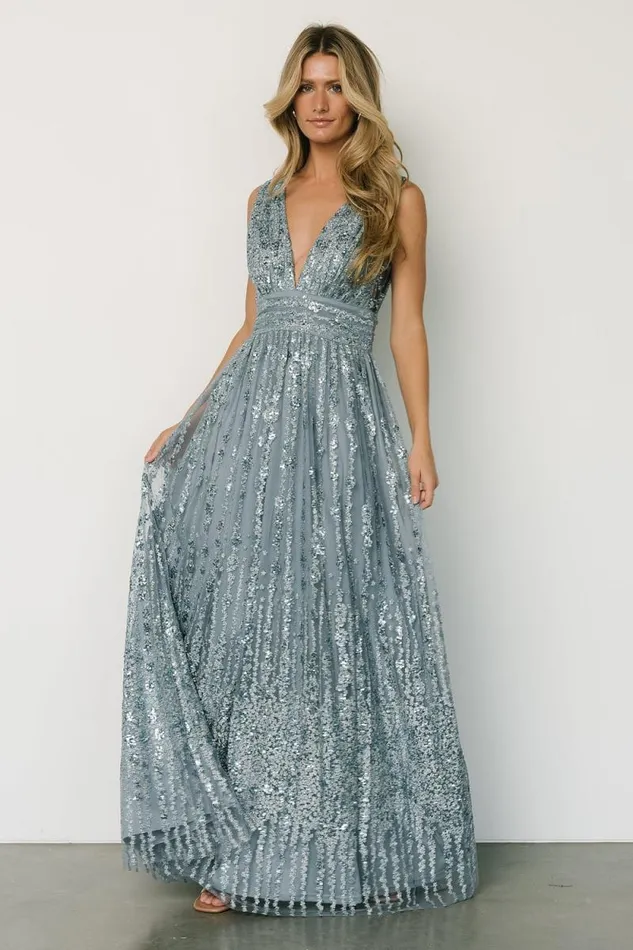 Women Yvette Sequin Gown Slate Blue Baltic Born Embellished and Sequined
