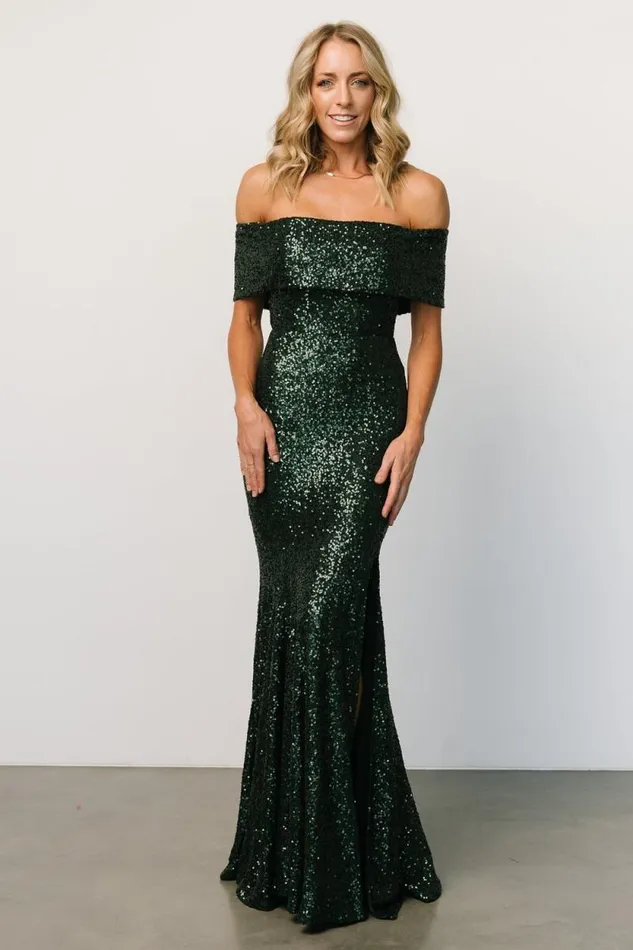 Women Yvonne Off Shoulder Sequin Gown Green Baltic Born Maxi Dresses