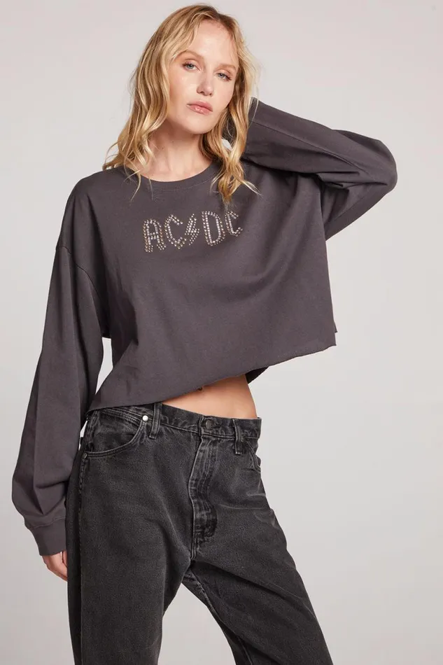 Womens Tops Chaser Brand ACDC Embellished Logo Long Sleeve