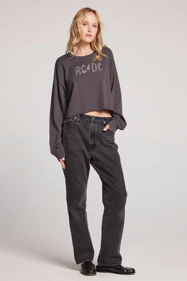 Womens Tops Chaser Brand ACDC Embellished Logo Long Sleeve