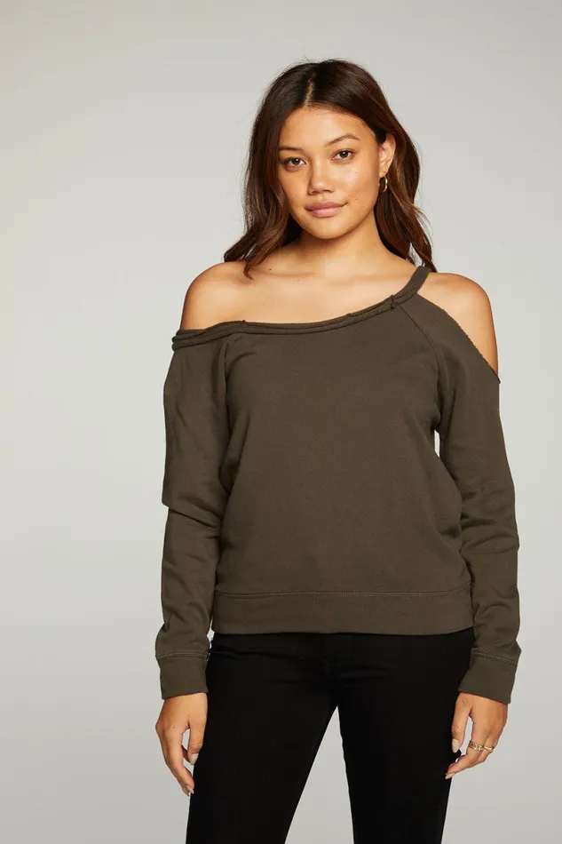 Womens Tops Chaser Brand Cotton Fleece Vented Off Shoulder Long Sleeve Raglan Pullover