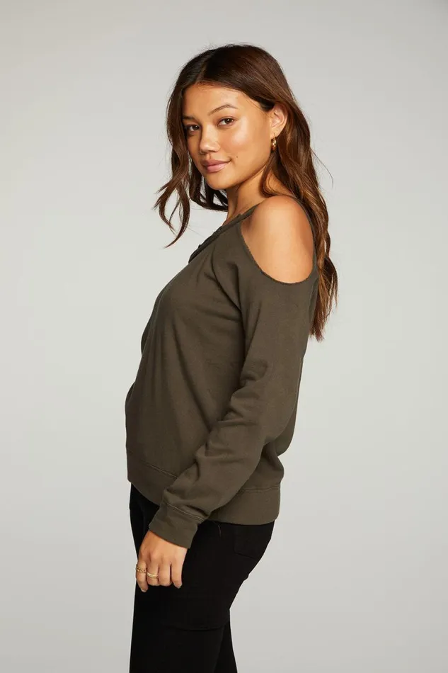 Womens Tops Chaser Brand Cotton Fleece Vented Off Shoulder Long Sleeve Raglan Pullover