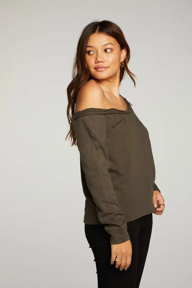 Womens Tops Chaser Brand Cotton Fleece Vented Off Shoulder Long Sleeve Raglan Pullover