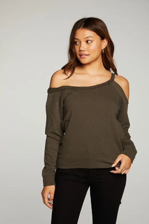 Womens Tops Chaser Brand Cotton Fleece Vented Off Shoulder Long Sleeve Raglan Pullover
