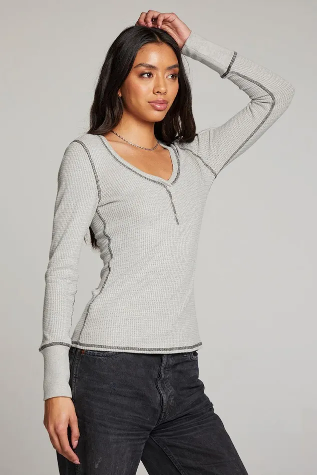 Womens Tops Chaser Brand Heather Grey Long Sleeve Henley