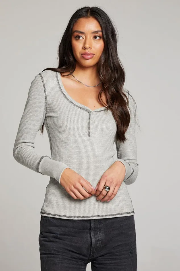 Womens Tops Chaser Brand Heather Grey Long Sleeve Henley