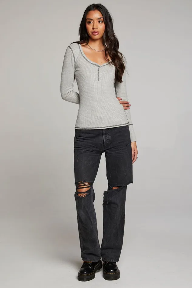 Womens Tops Chaser Brand Heather Grey Long Sleeve Henley