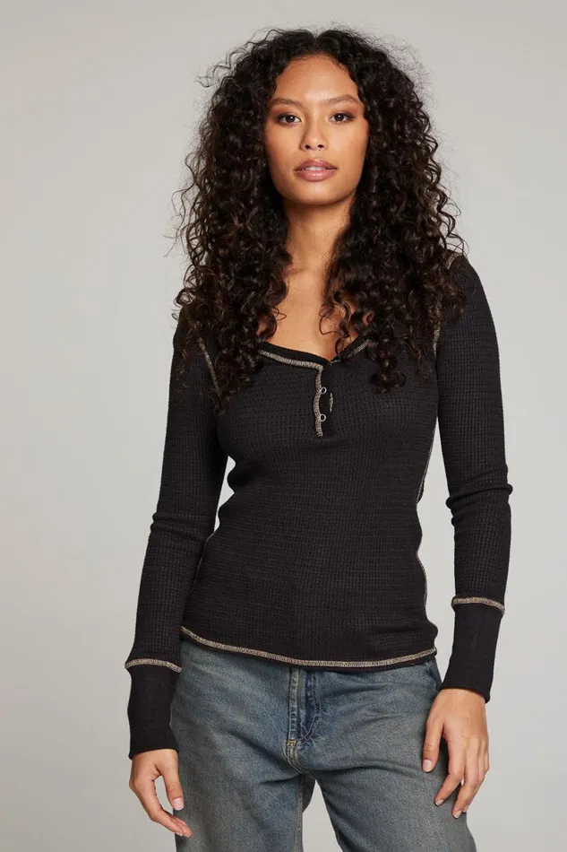 Womens Tops Chaser Brand Licorice Long Sleeve Henley