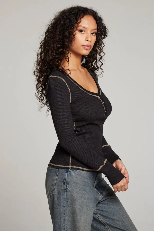 Womens Tops Chaser Brand Licorice Long Sleeve Henley