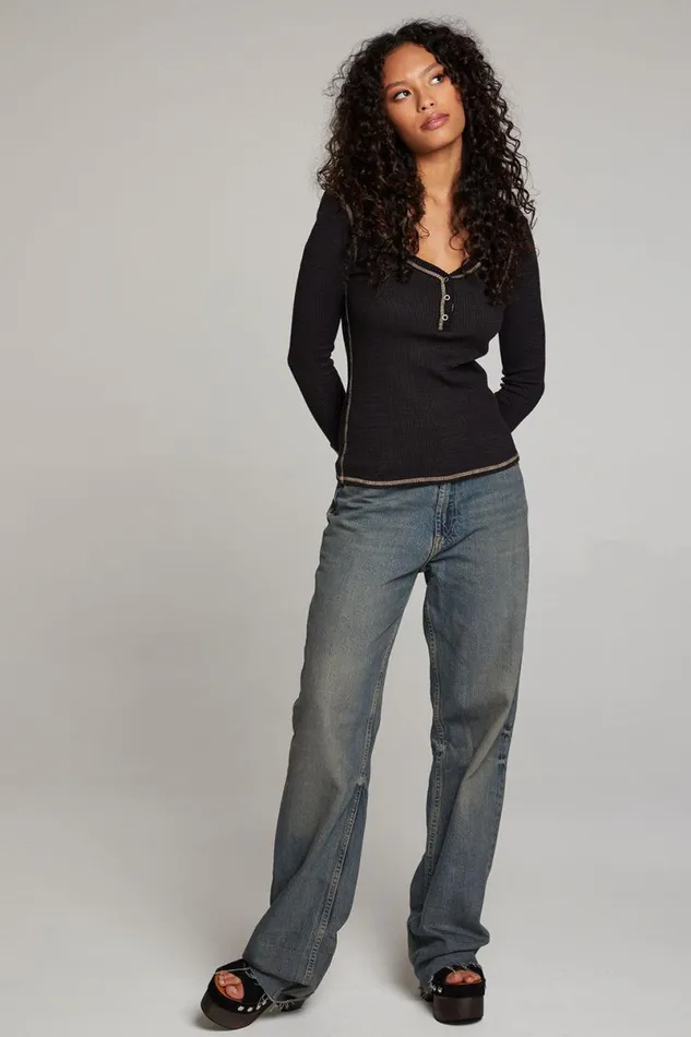 Womens Tops Chaser Brand Licorice Long Sleeve Henley