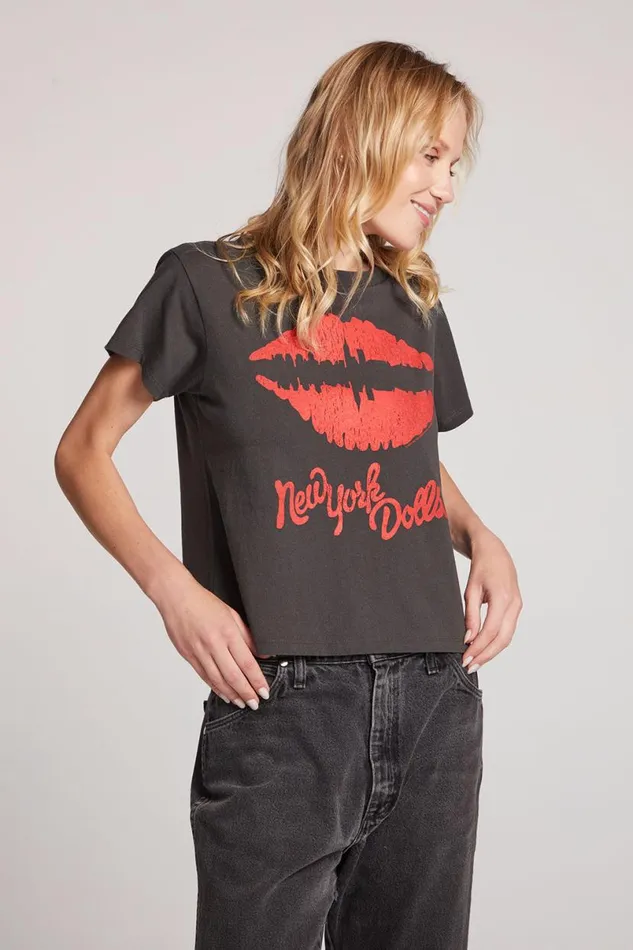 Womens Tops Chaser Brand New York Dolls Lips Skyline Cropped Tee