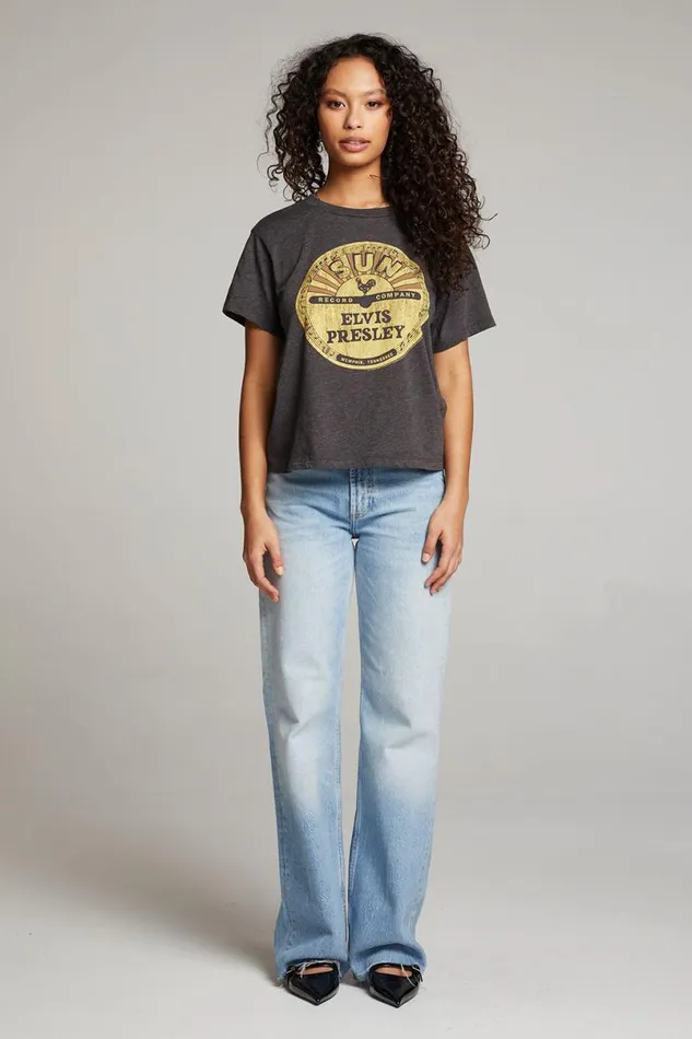 Womens Tops Chaser Brand Sun Records Elvis Vinyl Crewneck Tee