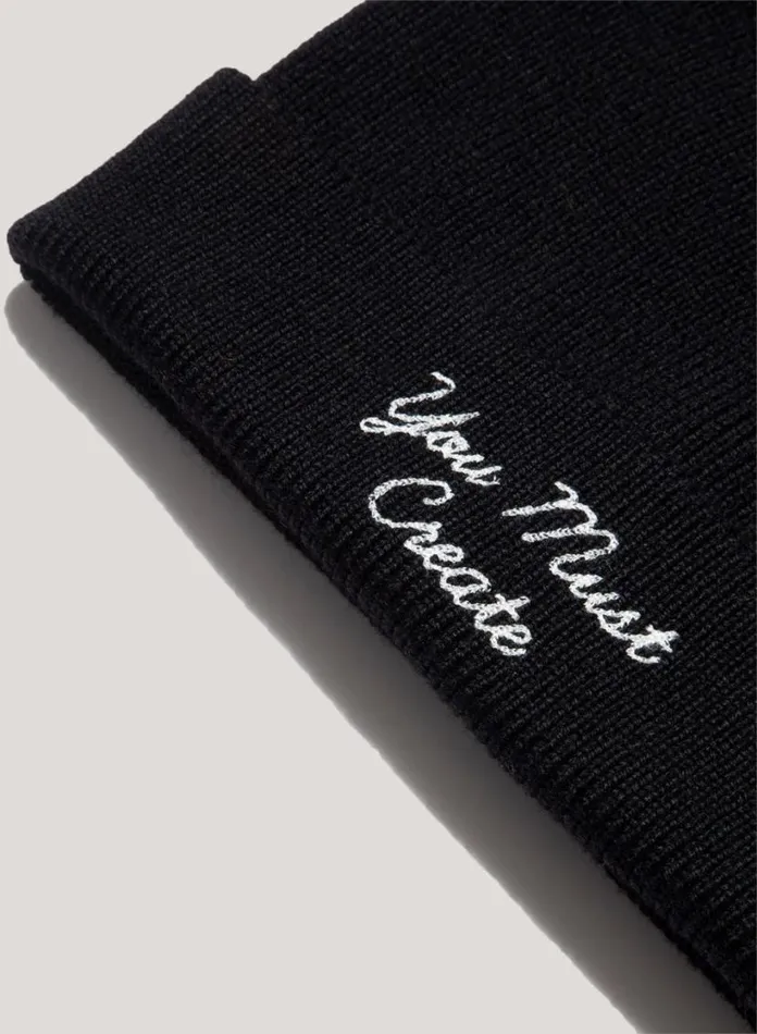 YMC Embroidered Merino Wool Beanie Hat Black Mens Hats