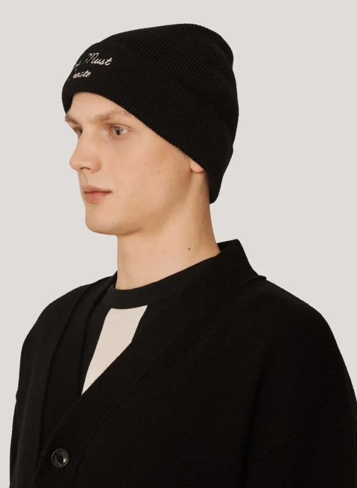 YMC Embroidered Merino Wool Beanie Hat Black Mens Hats
