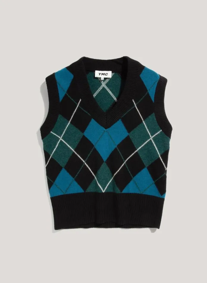 YMC Heidi Argyle Knit Vest Black Multi Womens Knitwear