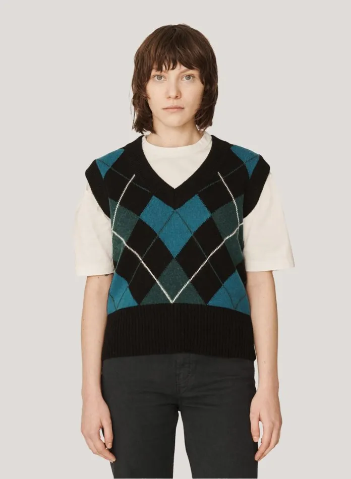 YMC Heidi Argyle Knit Vest Black Multi Womens Knitwear