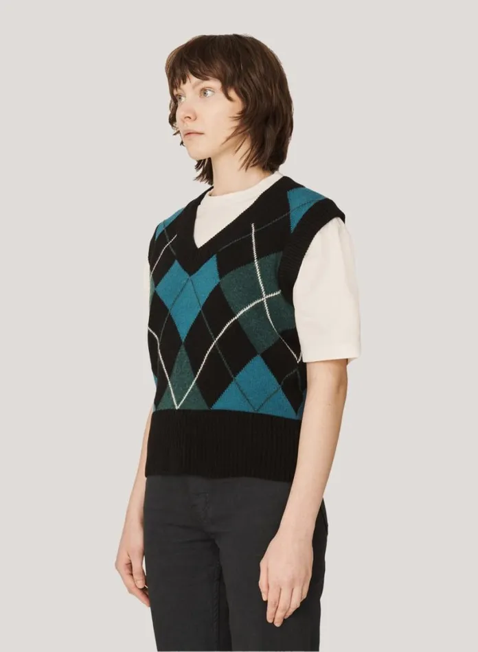 YMC Heidi Argyle Knit Vest Black Multi Womens Knitwear