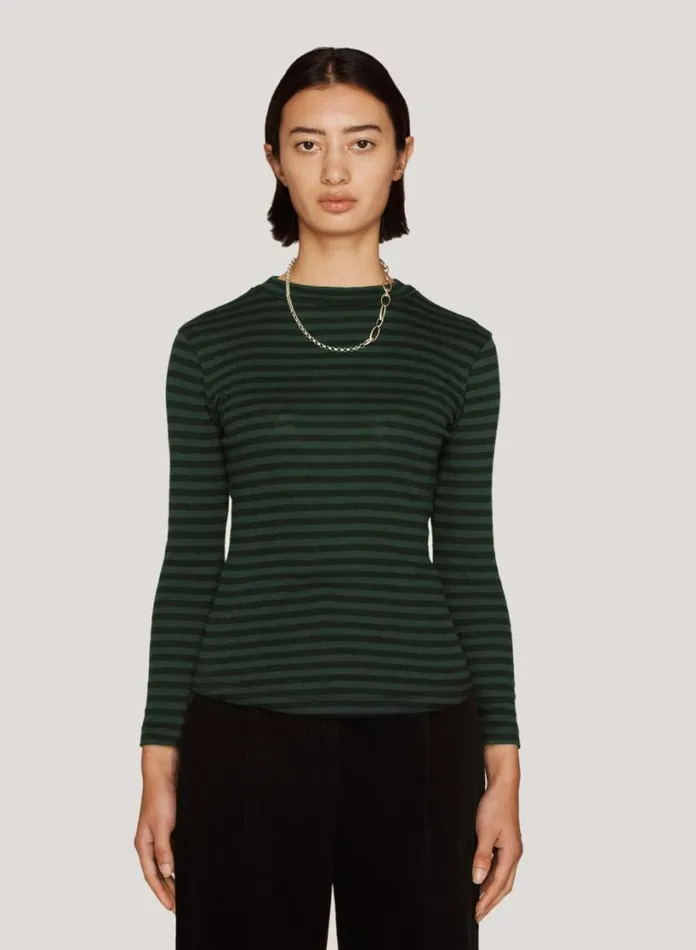 YMC High Rain Cotton Stripe TShirt Green Black Womens TShirts