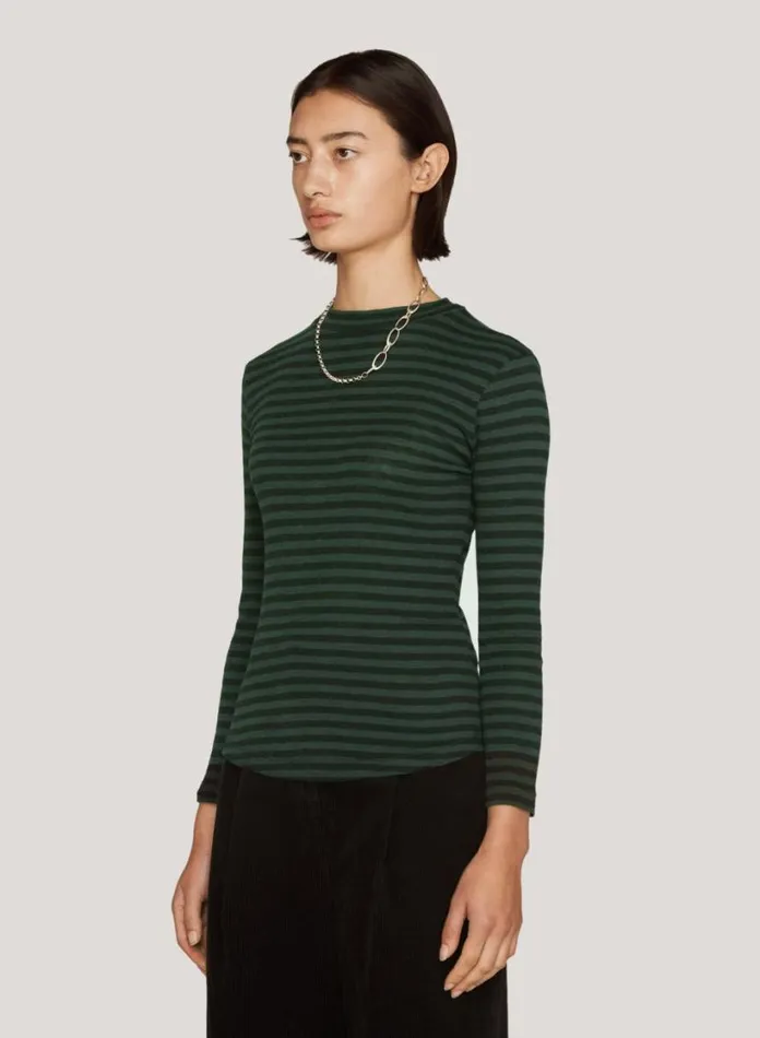 YMC High Rain Cotton Stripe TShirt Green Black Womens TShirts