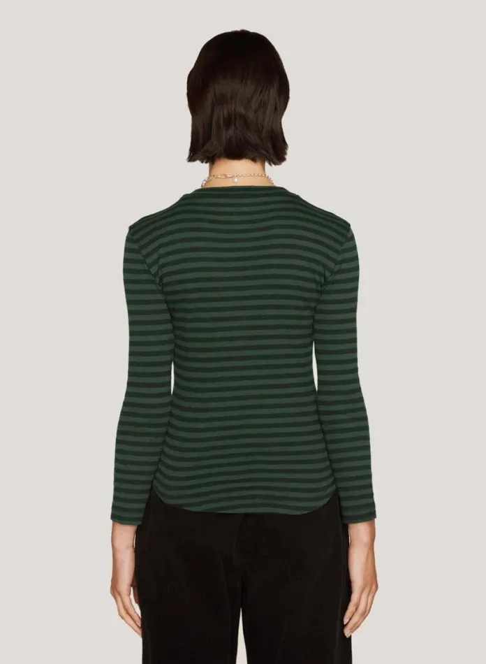 YMC High Rain Cotton Stripe TShirt Green Black Womens TShirts
