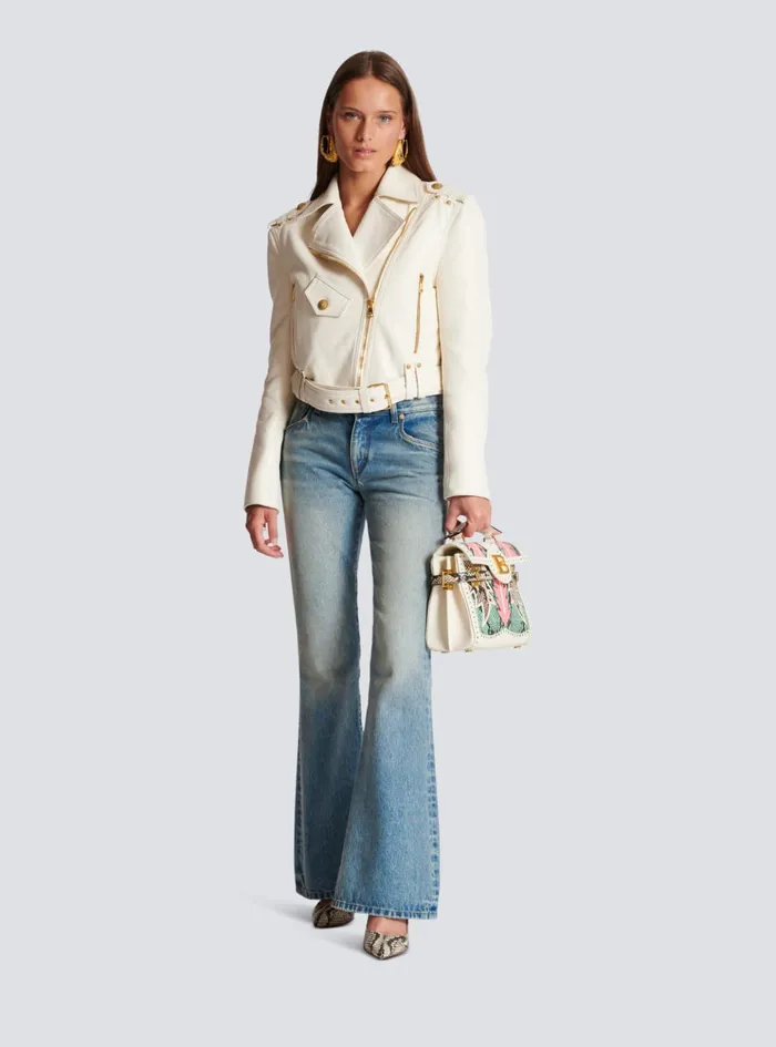 Zipped Leather Biker Jacket Beige Women Balmain Outerwear