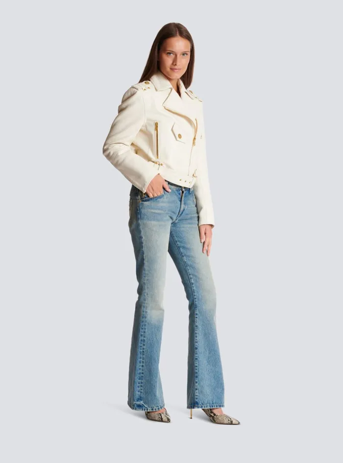 Zipped Leather Biker Jacket Beige Women Balmain Outerwear