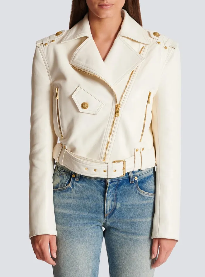 Zipped Leather Biker Jacket Beige Women Balmain Outerwear