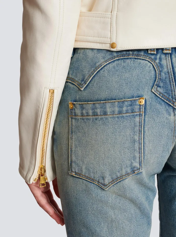 Zipped Leather Biker Jacket Beige Women Balmain Outerwear