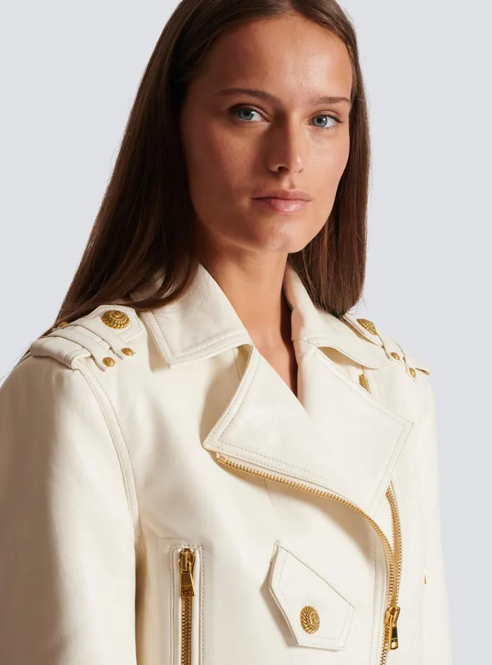 Zipped Leather Biker Jacket Beige Women Balmain Outerwear